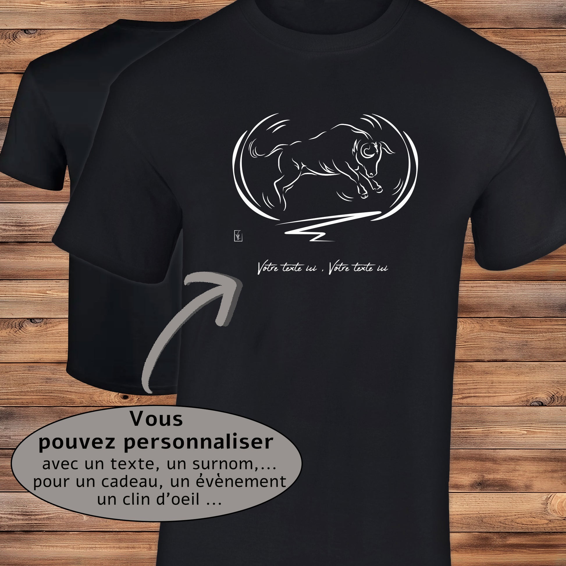 Taureau Corrida Tauromachie Camargue, graphisme sur T-shirt noir homme à personnaliser avec du texte. Création Virginie Linard ©.