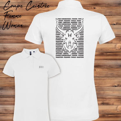 Taureau , course camarguaise , raseteur , Camargue, graphisme sur polo blanc femme à personnaliser avec du texte. Création Virginie Linard ©.