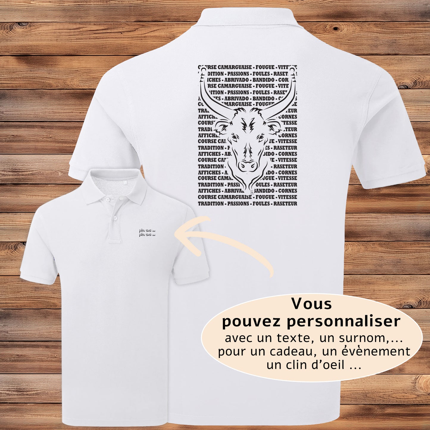 Taureau , course camarguaise , raseteur , Camargue, graphisme sur polo blanc homme à personnaliser avec du texte. Création Virginie Linard ©.