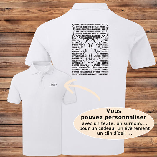 Taureau , course camarguaise , raseteur , Camargue, graphisme sur polo blanc homme à personnaliser avec du texte. Création Virginie Linard ©.