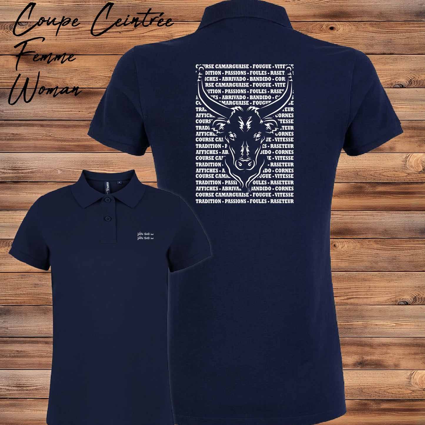 Taureau , course camarguaise , raseteur , Camargue, graphisme sur polo bleu femme à personnaliser avec du texte. Création Virginie Linard ©.