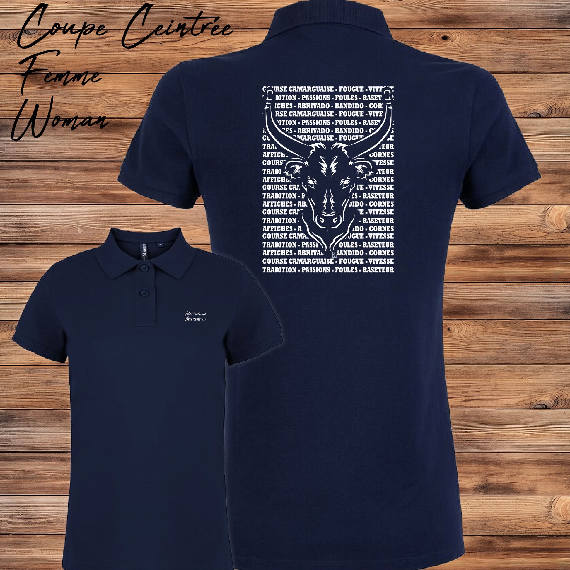 Taureau , course camarguaise , raseteur , Camargue, graphisme sur polo bleu femme à personnaliser avec du texte. Création Virginie Linard ©.