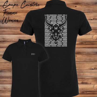 Taureau , course camarguaise , raseteur , Camargue, graphisme sur polo noir femme à personnaliser avec du texte. Création Virginie Linard ©.