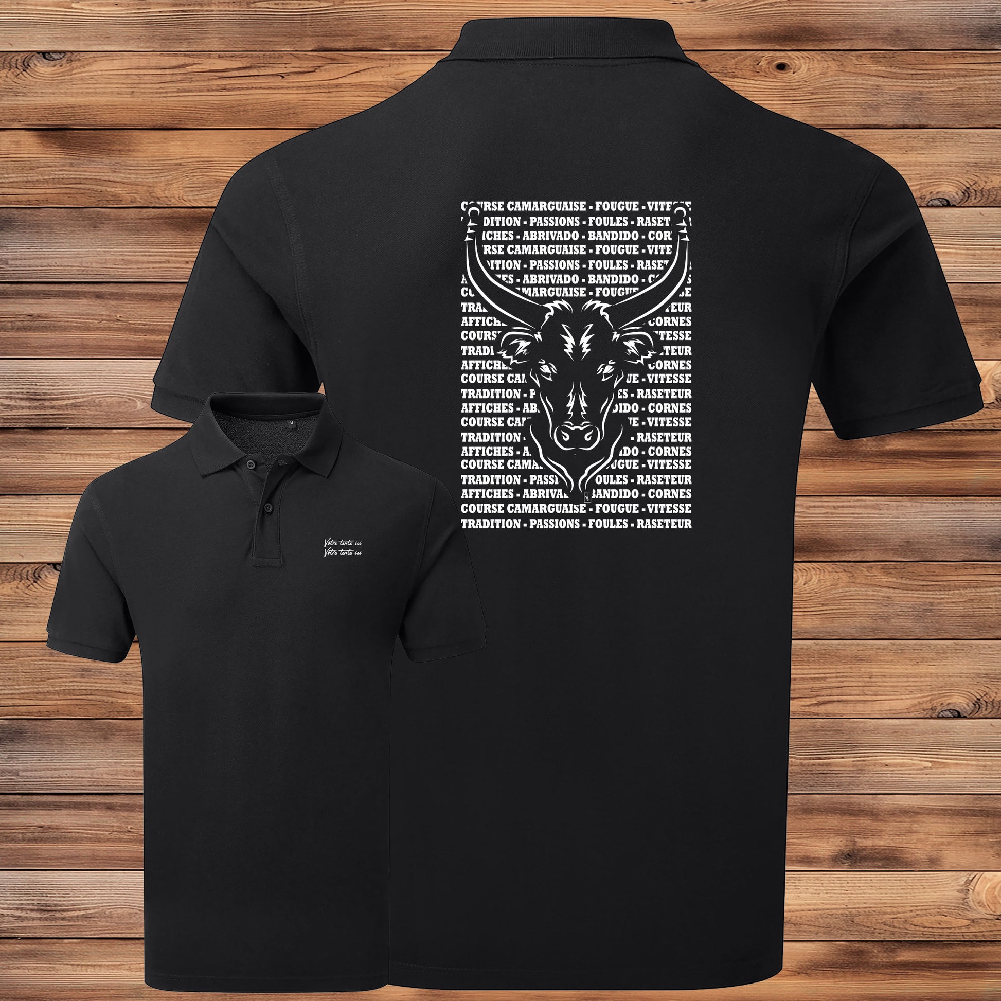 Taureau , course camarguaise , raseteur , Camargue, graphisme sur polo noir homme à personnaliser avec du texte. Création Virginie Linard ©.