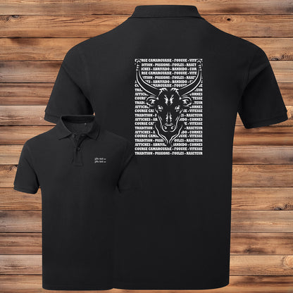 Taureau , course camarguaise , raseteur , Camargue, graphisme sur polo noir homme à personnaliser avec du texte. Création Virginie Linard ©.