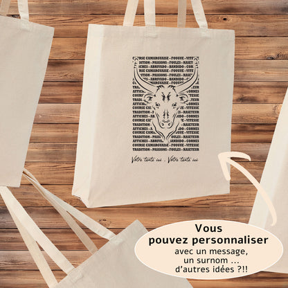 Taureau , course camarguaise , raseteur , Camargue, graphisme sur Sac Tote-bag beige à personnaliser avec du texte. Création Virginie Linard ©.