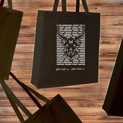 Taureau , course camarguaise , raseteur , Camargue, graphisme sur Sac Tote-bag noir à personnaliser avec du texte. Création Virginie Linard ©.