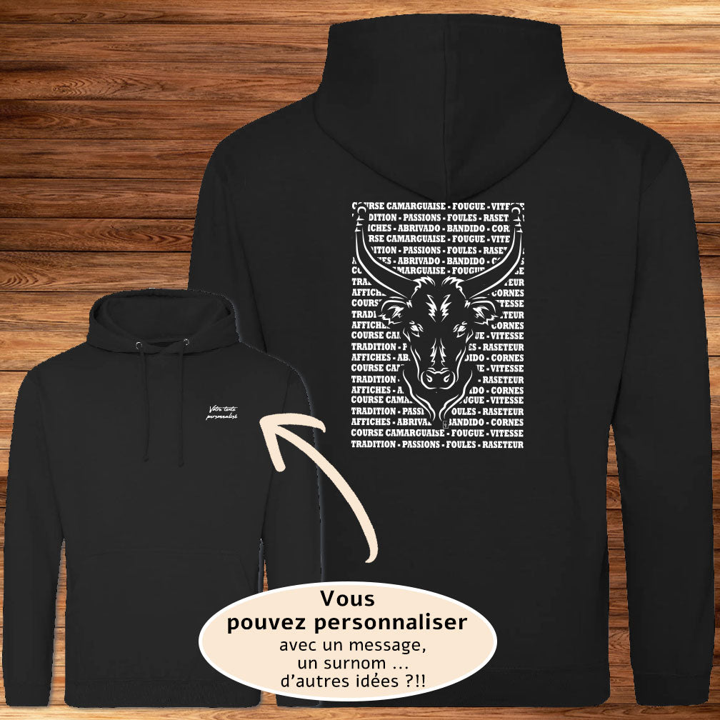 Taureau , course camarguaise , raseteur , Camargue, graphisme sur Sweat-shirt noir unisexe à personnaliser avec du texte. Création Virginie Linard ©.