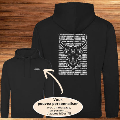 Taureau , course camarguaise , raseteur , Camargue, graphisme sur Sweat-shirt noir unisexe à personnaliser avec du texte. Création Virginie Linard ©.
