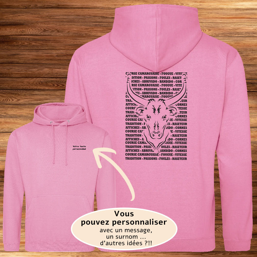 Taureau , course camarguaise , raseteur , Camargue, graphisme sur Sweat-shirt rose unisexe à personnaliser avec du texte. Création Virginie Linard ©.