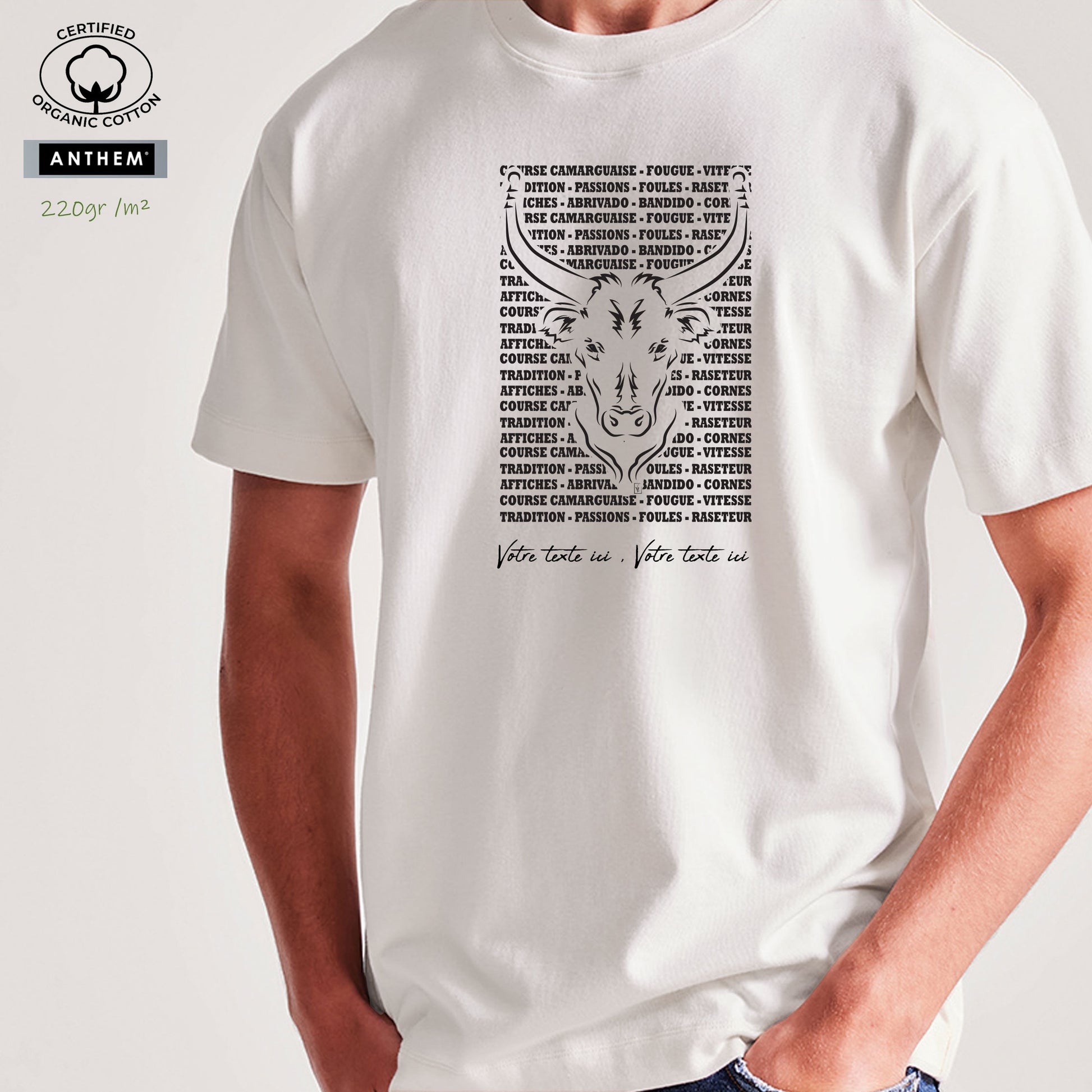 Taureau , course camarguaise , raseteur , Camargue, graphisme sur t-shirt bio blanc homme à personnaliser avec du texte. Création Virginie Linard ©.