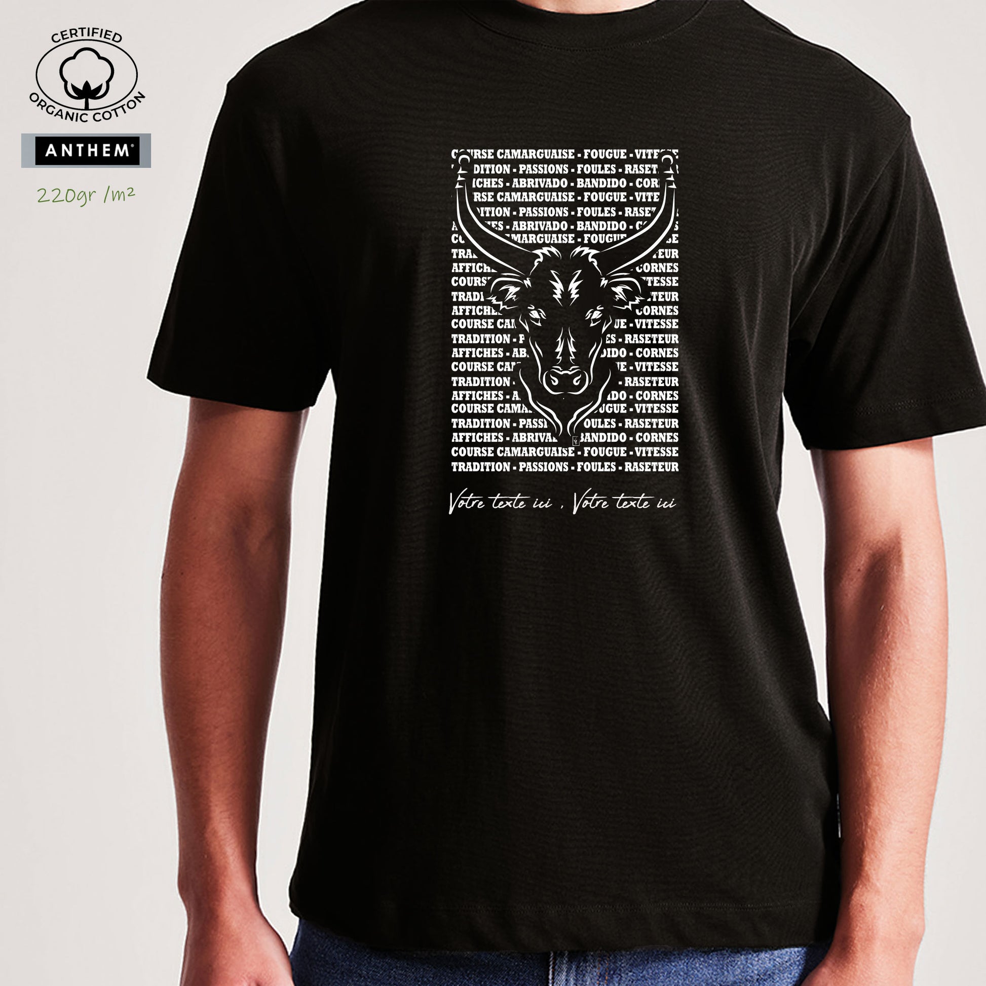 Taureau , course camarguaise , raseteur , Camargue, graphisme sur t-shirt bio noir homme à personnaliser avec du texte. Création Virginie Linard ©.