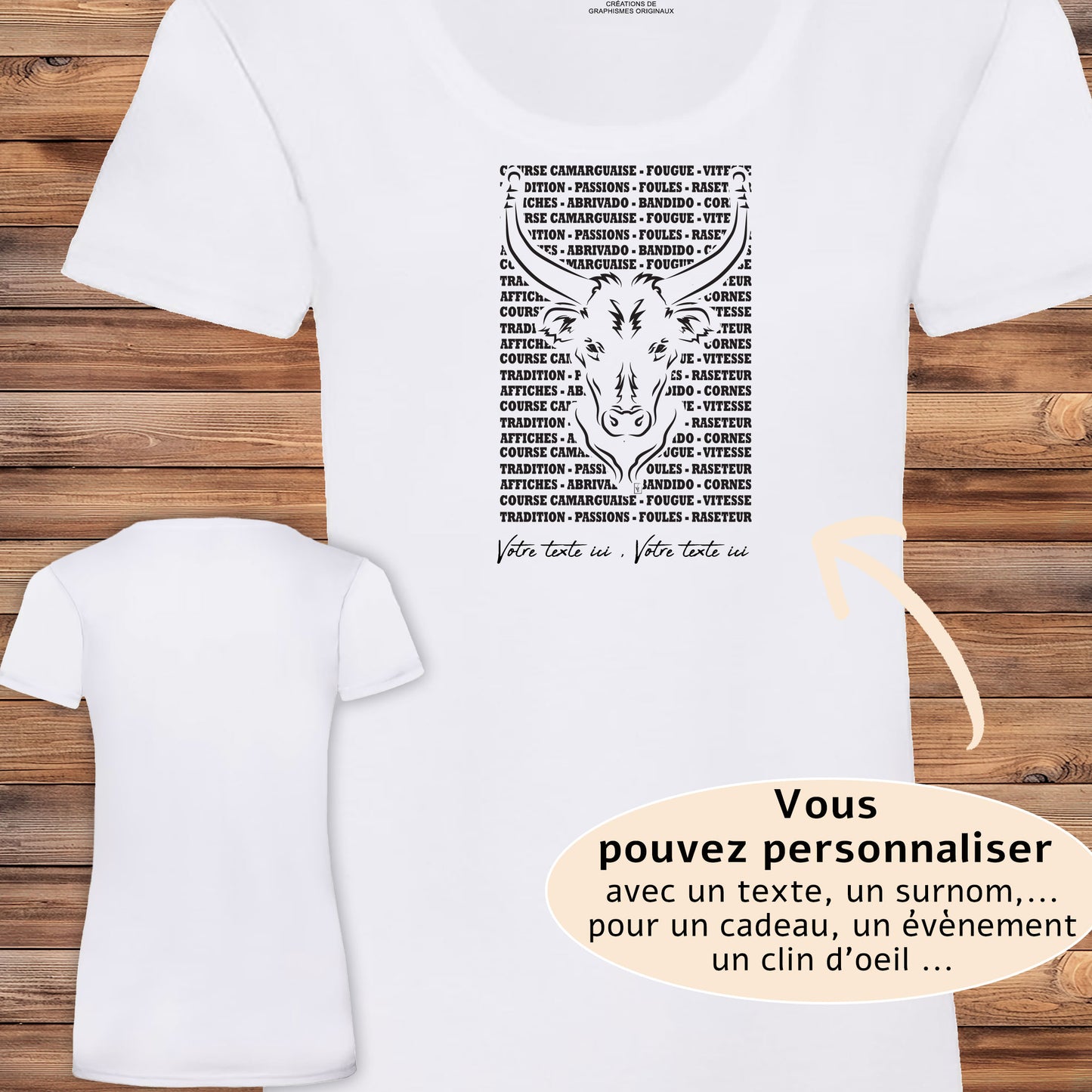 Taureau , course camarguaise , raseteur , Camargue, graphisme sur T-shirt blanc femme à personnaliser avec du texte. Création Virginie Linard ©.
