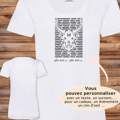 Taureau , course camarguaise , raseteur , Camargue, graphisme sur T-shirt blanc femme à personnaliser avec du texte. Création Virginie Linard ©.