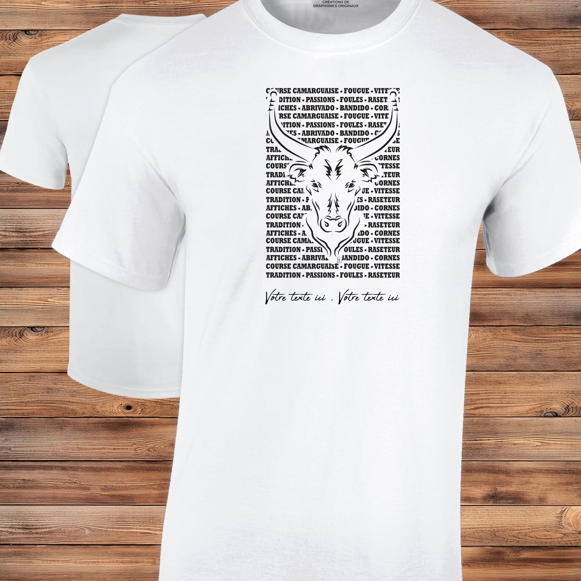 Taureau , course camarguaise , raseteur , Camargue, graphisme sur T-shirt blanc homme à personnaliser avec du texte. Création Virginie Linard ©.