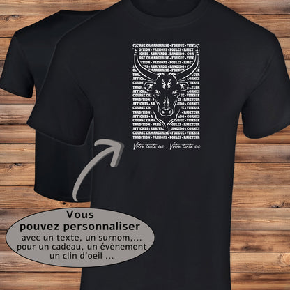 Taureau , course camarguaise , raseteur , Camargue, graphisme sur T-shirt noir homme à personnaliser avec du texte. Création Virginie Linard ©.