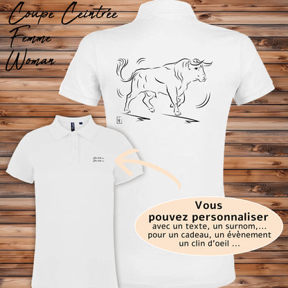 Taureau espagnol de corrida tauromachie , graphisme sur Polo blanc femme à personnaliser avec du texte. Création Virginie Linard ©.