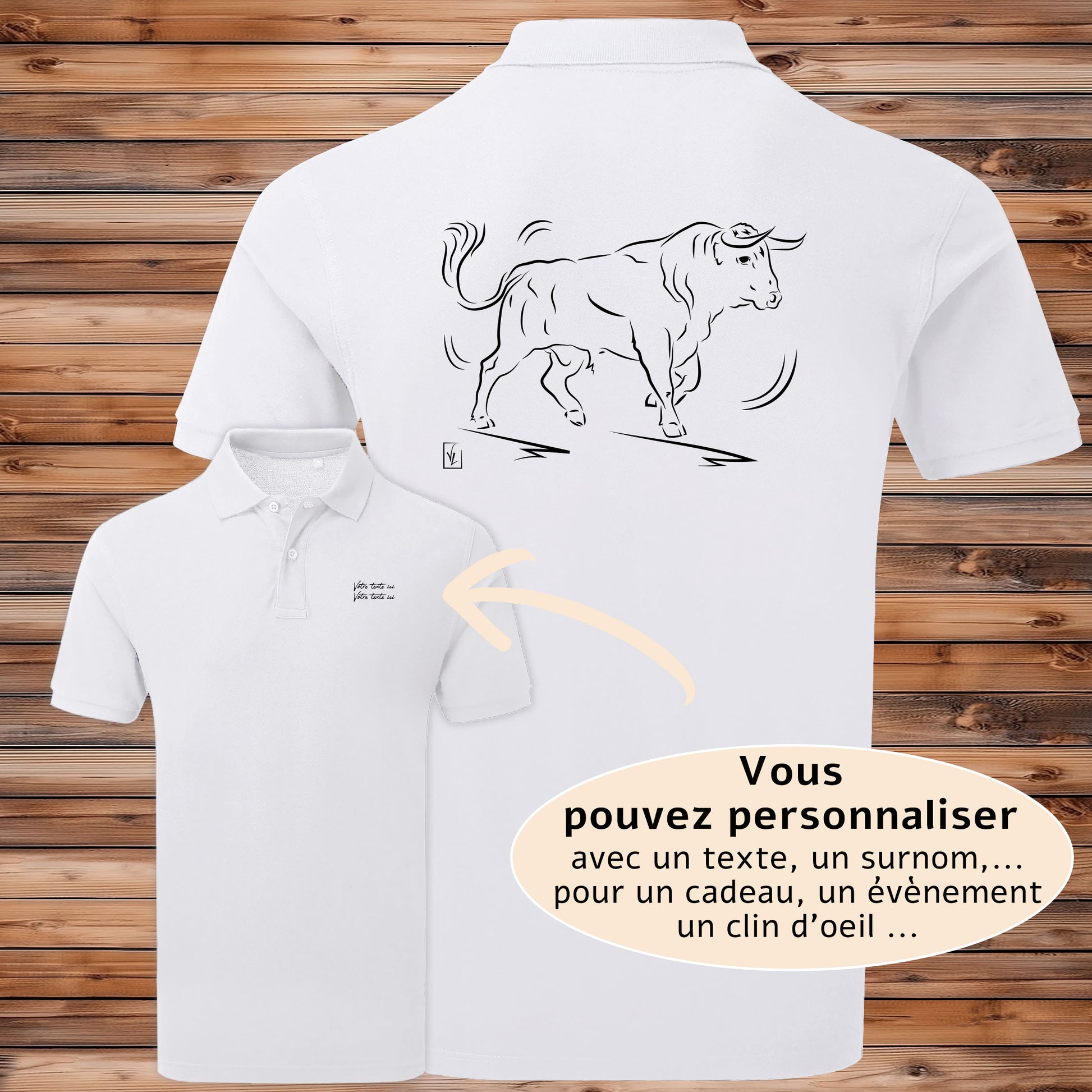 Taureau espagnol de corrida tauromachie , graphisme sur Polo blanc homme à personnaliser avec du texte. Création Virginie Linard ©.
