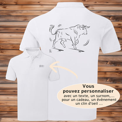 Taureau espagnol de corrida tauromachie , graphisme sur Polo blanc homme à personnaliser avec du texte. Création Virginie Linard ©.