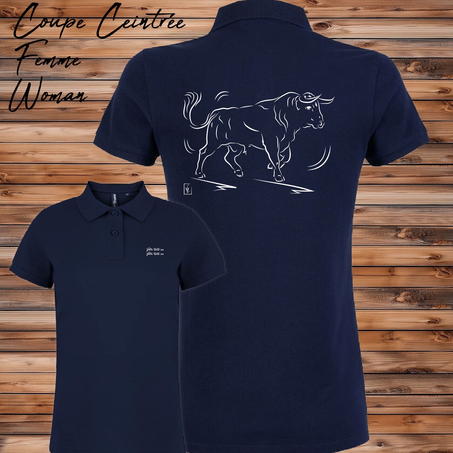 Taureau espagnol de corrida tauromachie , graphisme sur Polo bleu femme à personnaliser avec du texte. Création Virginie Linard ©.