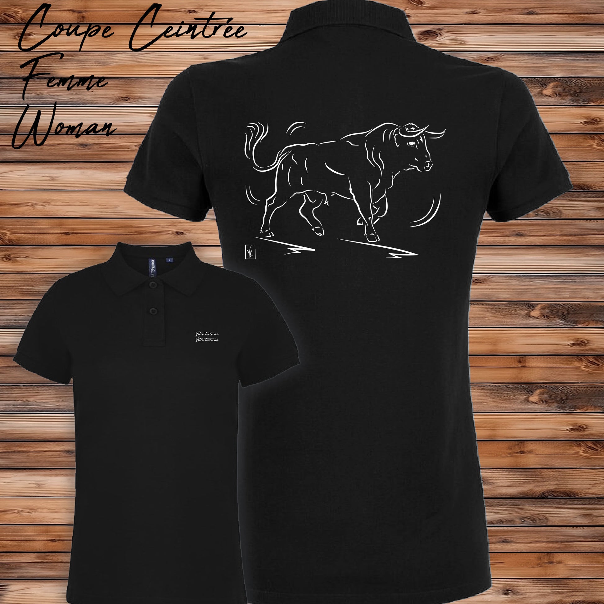 Taureau espagnol de corrida tauromachie , graphisme sur Polo noir femme à personnaliser avec du texte. Création Virginie Linard ©.