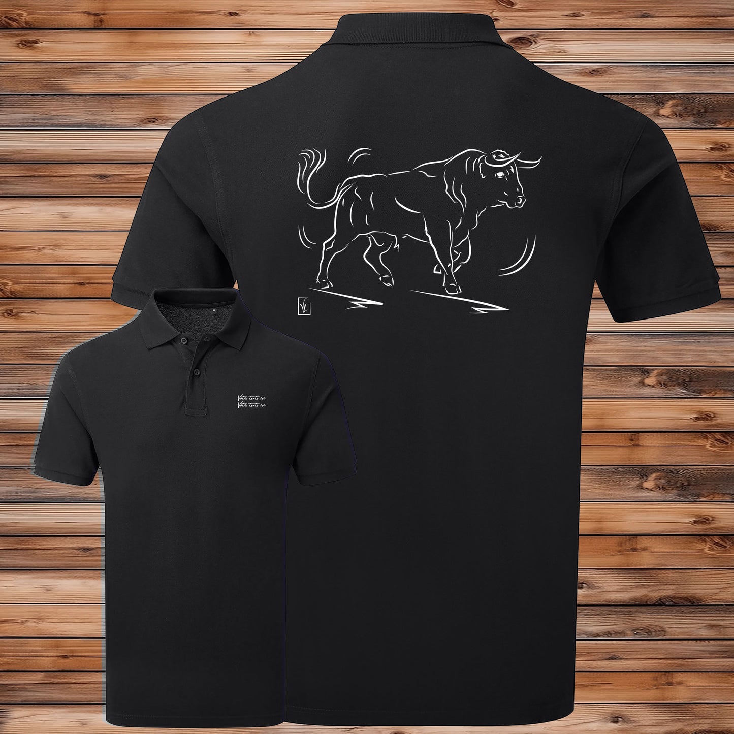 Taureau espagnol de corrida tauromachie , graphisme sur Polo noir homme à personnaliser avec du texte. Création Virginie Linard ©.