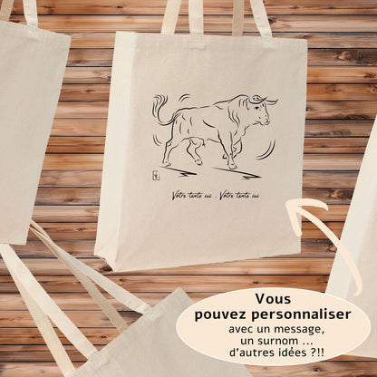 Taureau espagnol Corrida Tauromachie Course Camarguaise, Graphisme sac tote-bag beige à personnaliser avec un texte. Création Virginie Linard ©.