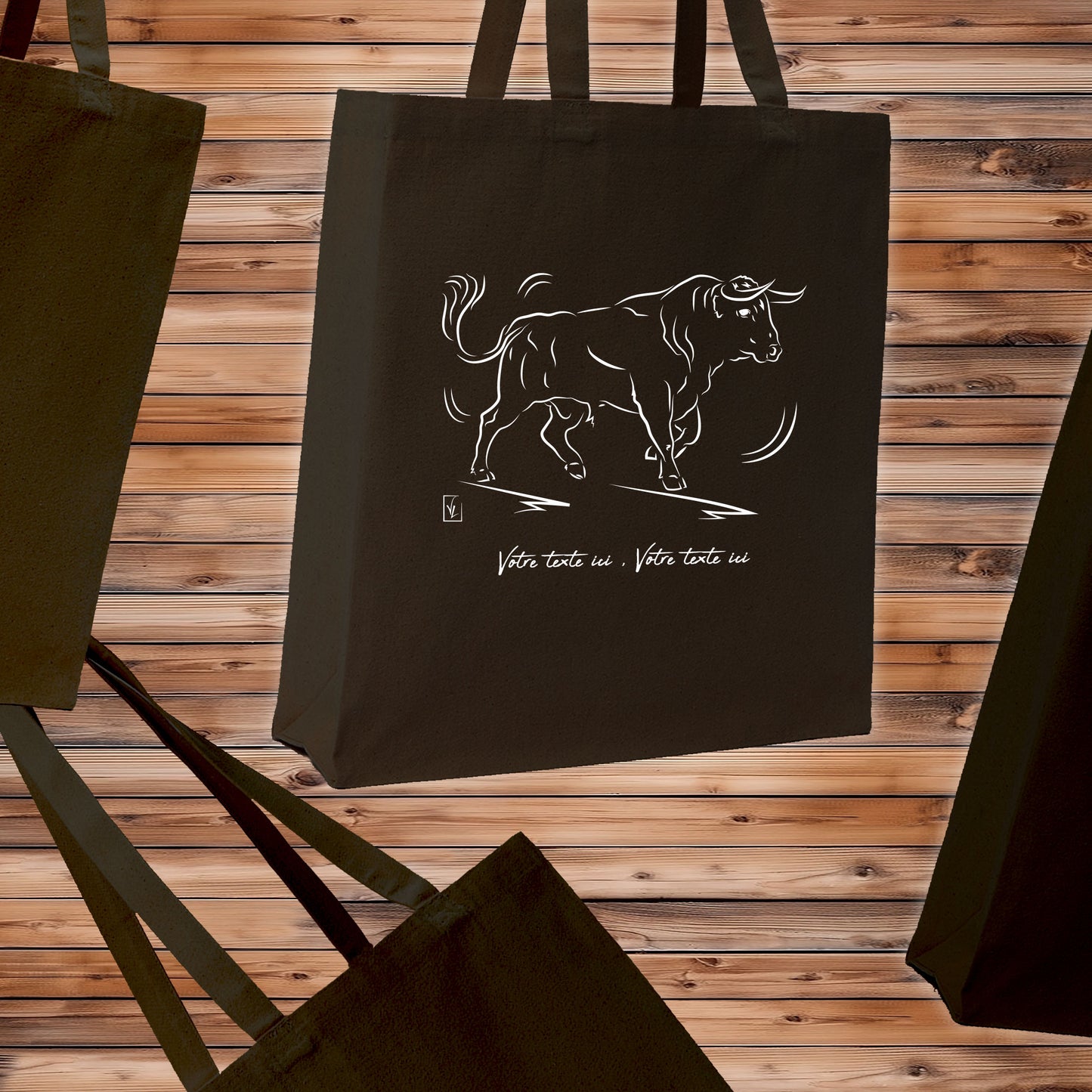 Taureau espagnol Corrida Tauromachie Course Camarguaise, Graphisme sur sac tote-bag noir à personnaliser avec un texte. Création Virginie Linard ©.