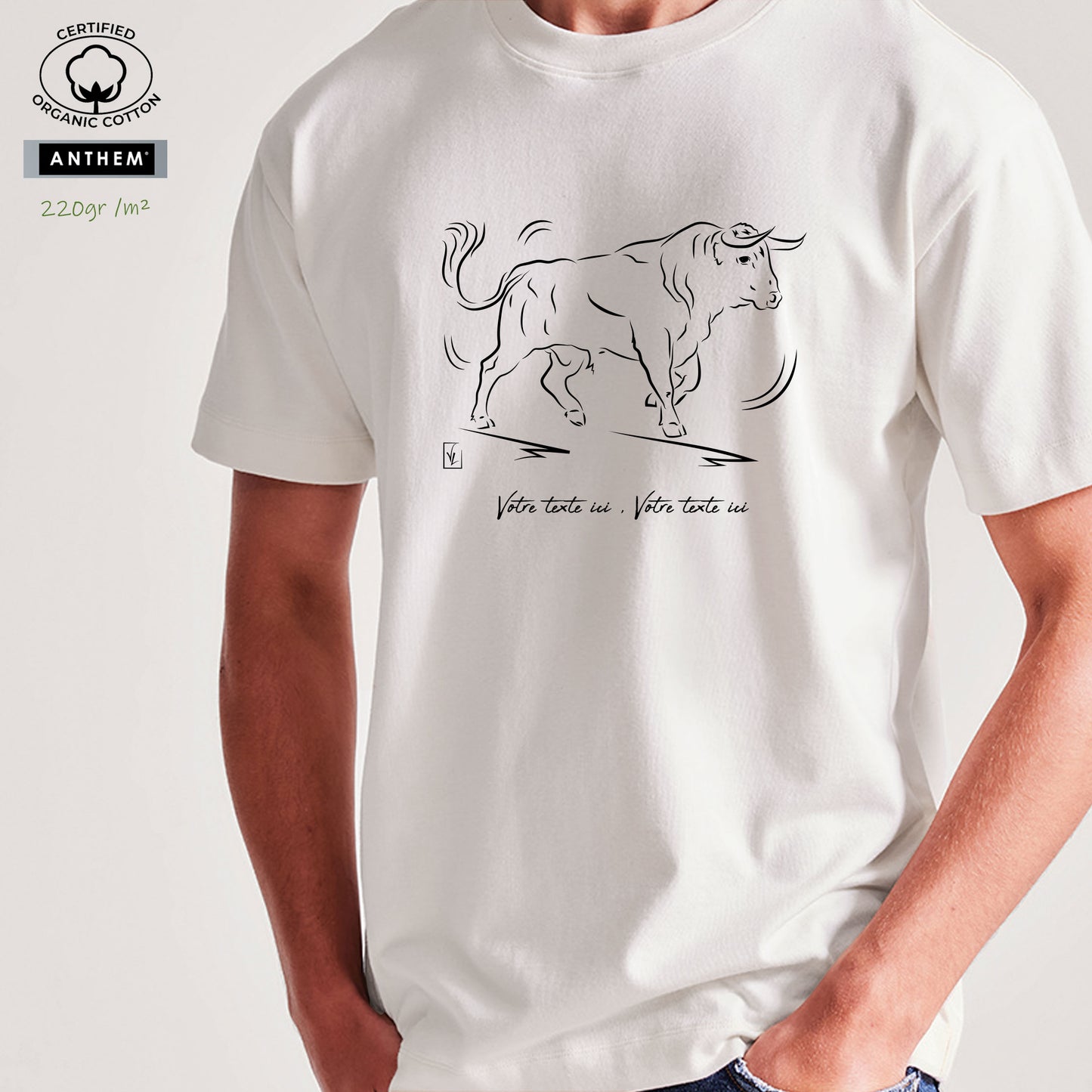 Taureau espagnol de corrida tauromachie , graphisme sur T-shirt biologique épais 220g blanc unisexe à personnaliser avec du texte. Création Virginie Linard ©.