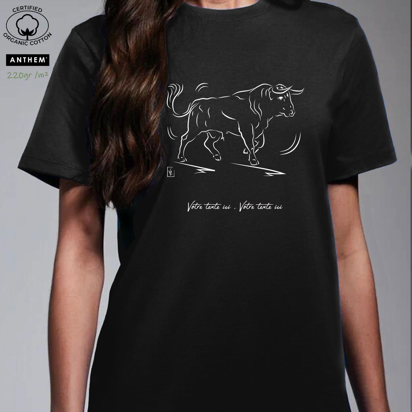 Taureau espagnol de corrida tauromachie , graphisme sur T-shirt biologique épais 220g noir unisexe à personnaliser avec du texte. Création Virginie Linard ©.