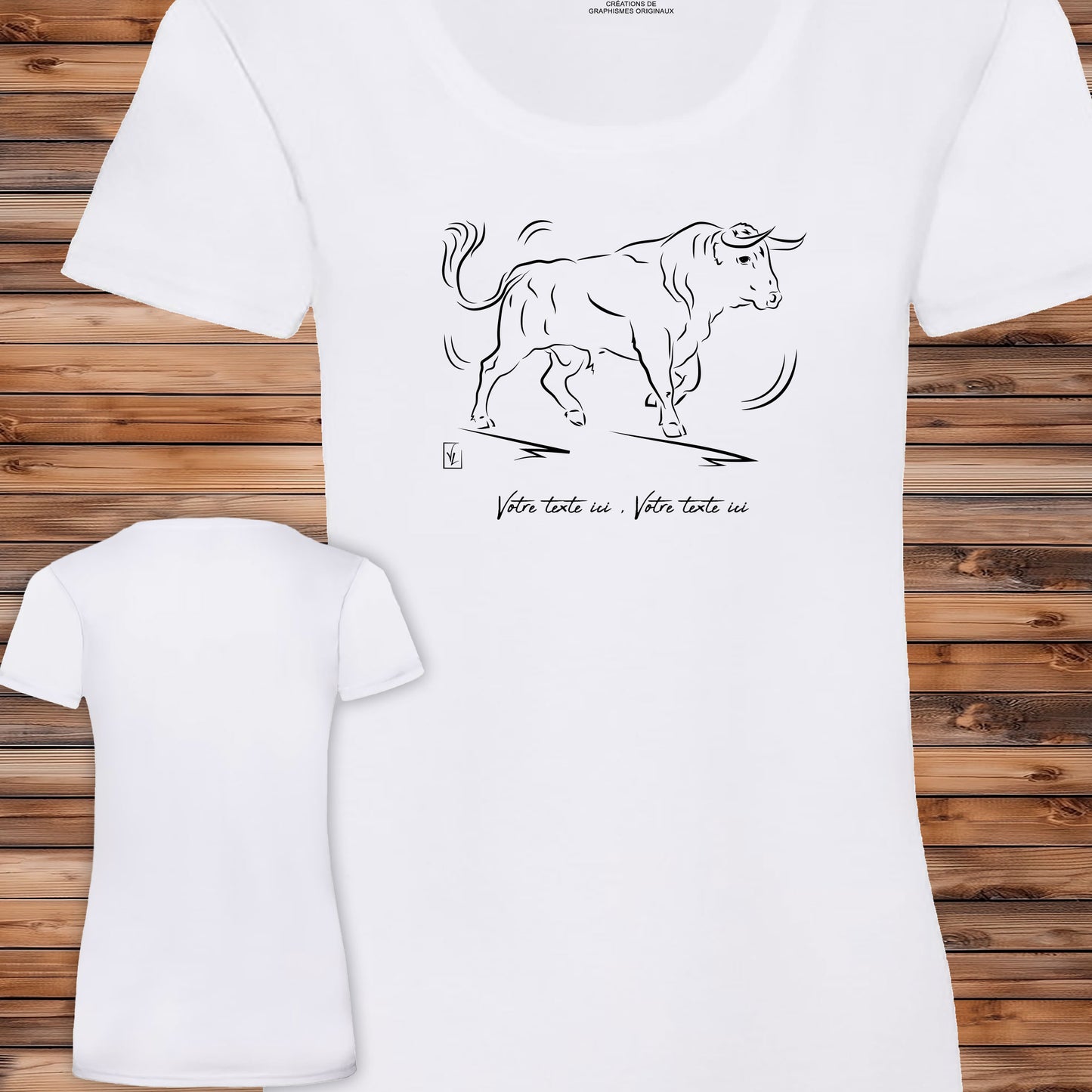 Taureau espagnol corrida tauromachie, graphisme sur t-shirt blanc femme à personnaliser avec un texte. Création Virginie Linard ©.