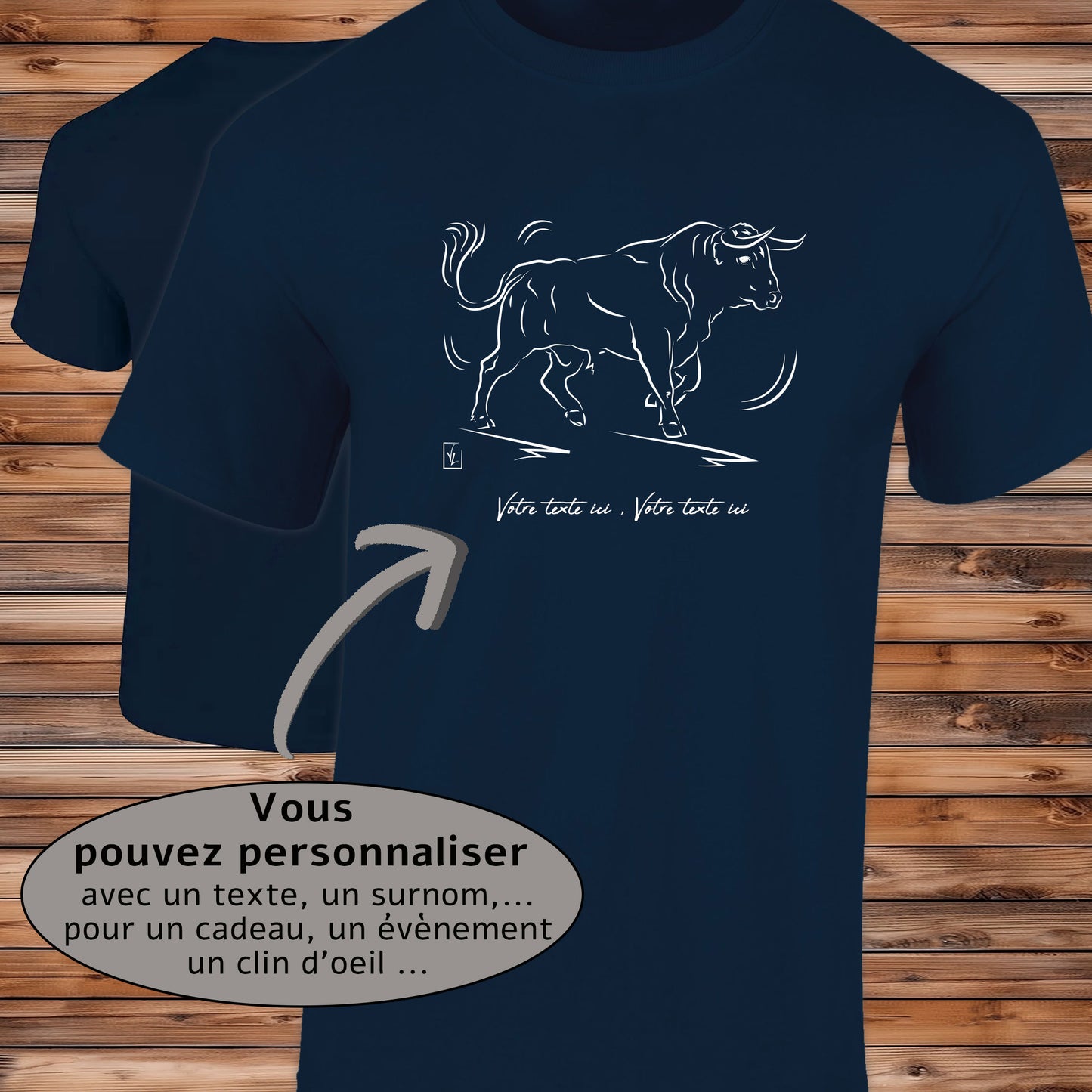 Taureau espagnol corrida tauromachie, graphisme sur t-shirt bleu homme à personnaliser avec un texte. Création Virginie Linard ©.