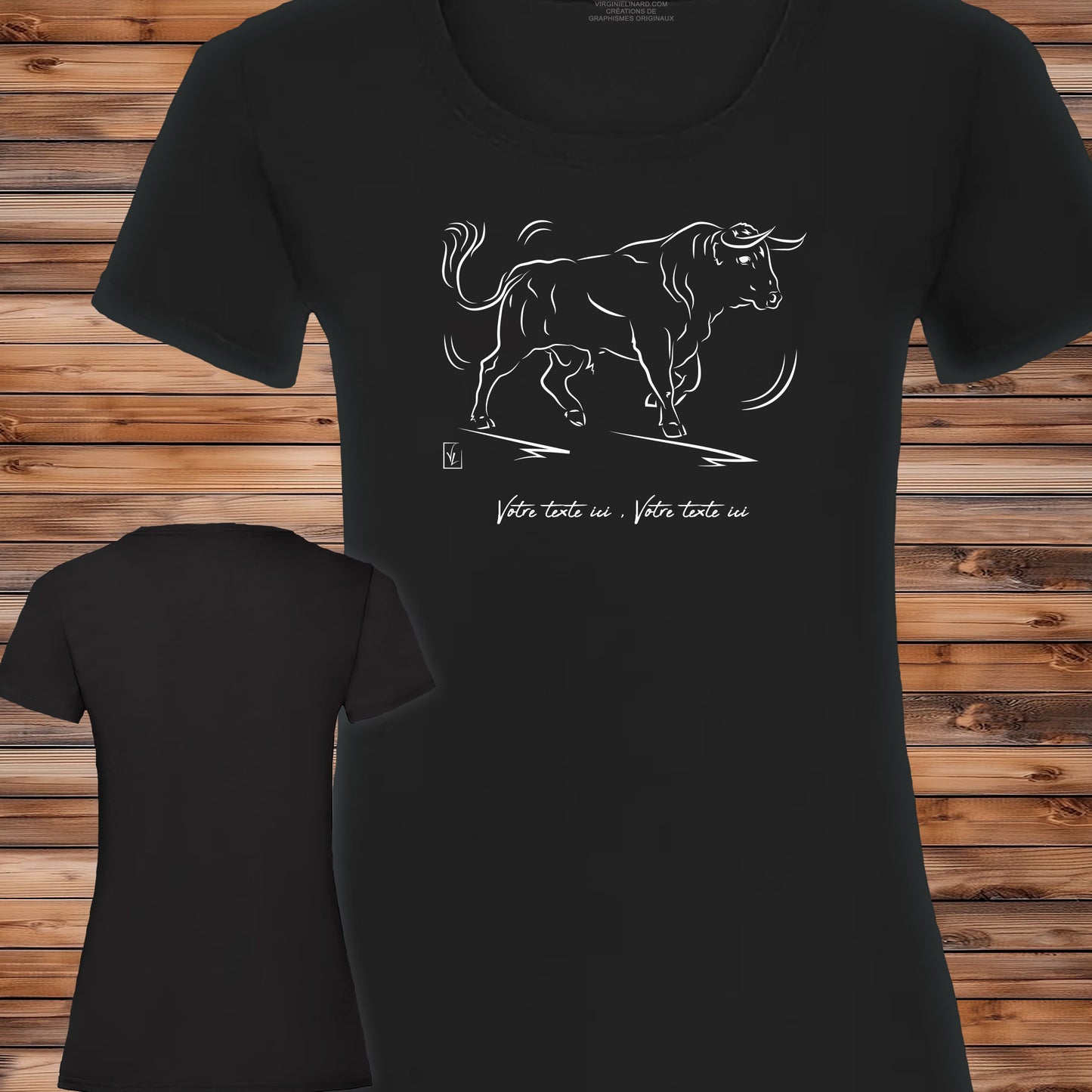 Taureau espagnol corrida tauromachie, graphisme sur t-shirt noir femme à personnaliser avec un texte. Création Virginie Linard ©.