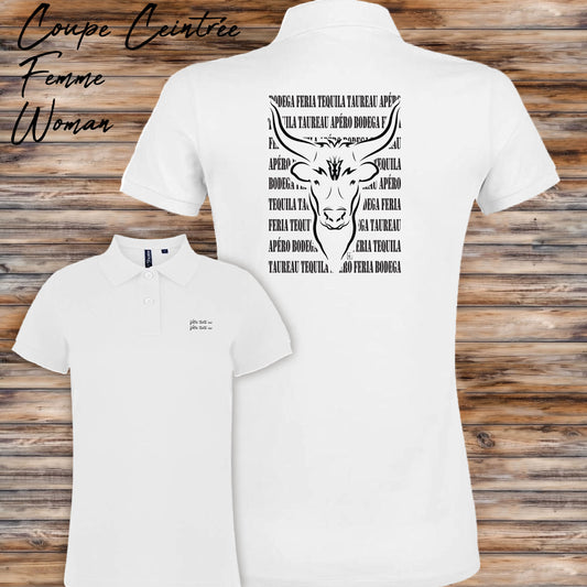 Taureau , course camarguaise , féria, bodega , Camargue, graphisme sur polo blanc femme à personnaliser avec du texte. Création Virginie Linard ©.