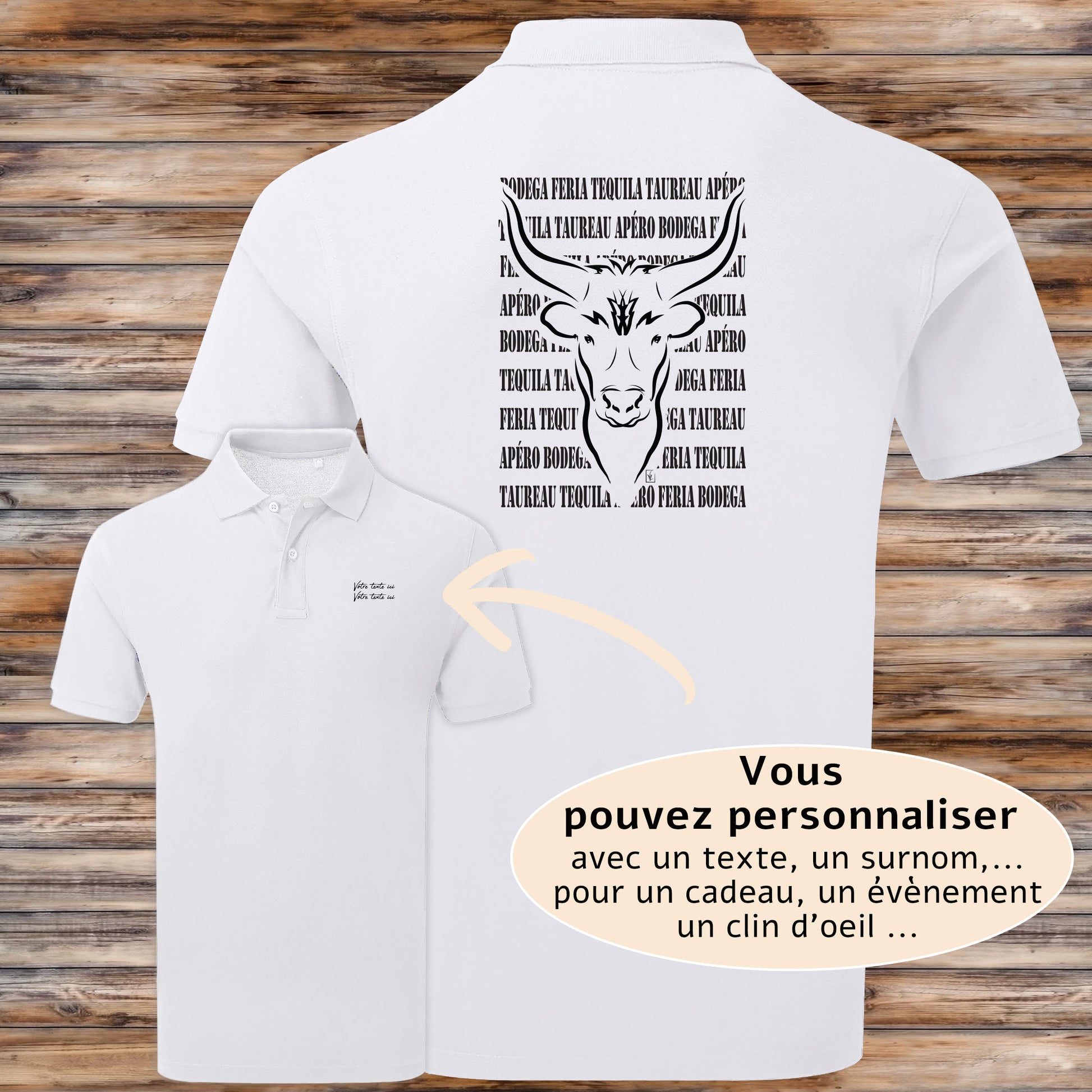 Taureau , course camarguaise , féria, bodega , Camargue, graphisme sur polo blanc homme à personnaliser avec du texte. Création Virginie Linard ©.