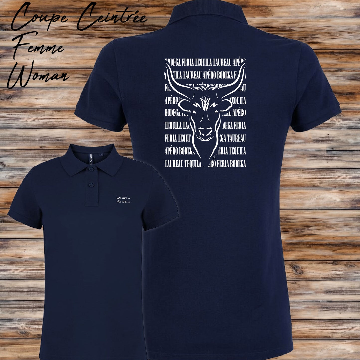 Taureau , course camarguaise , féria, bodega , Camargue, graphisme sur polo bleu femme à personnaliser avec du texte. Création Virginie Linard ©.