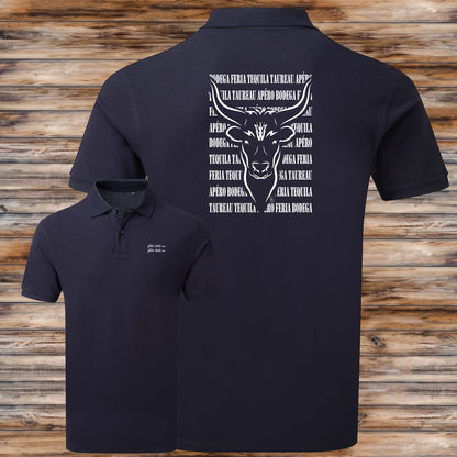 Taureau , course camarguaise , féria, bodega , Camargue, graphisme sur polo bleu homme à personnaliser avec du texte. Création Virginie Linard ©.