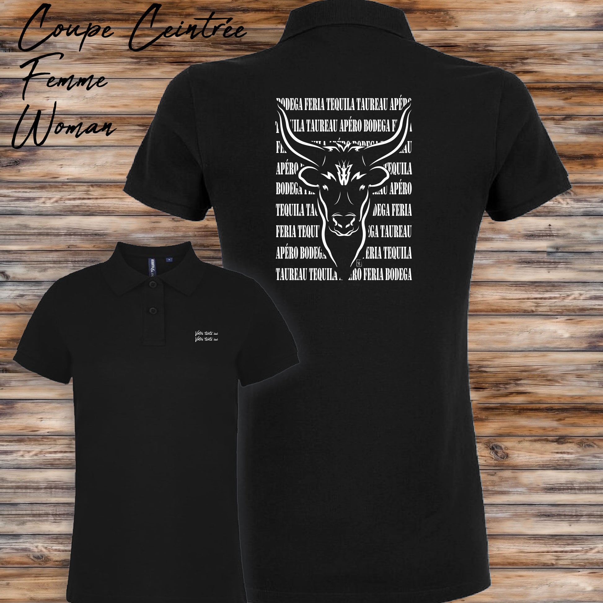 Taureau , course camarguaise , féria, bodega , Camargue, graphisme sur polo noir femme à personnaliser avec du texte. Création Virginie Linard ©.