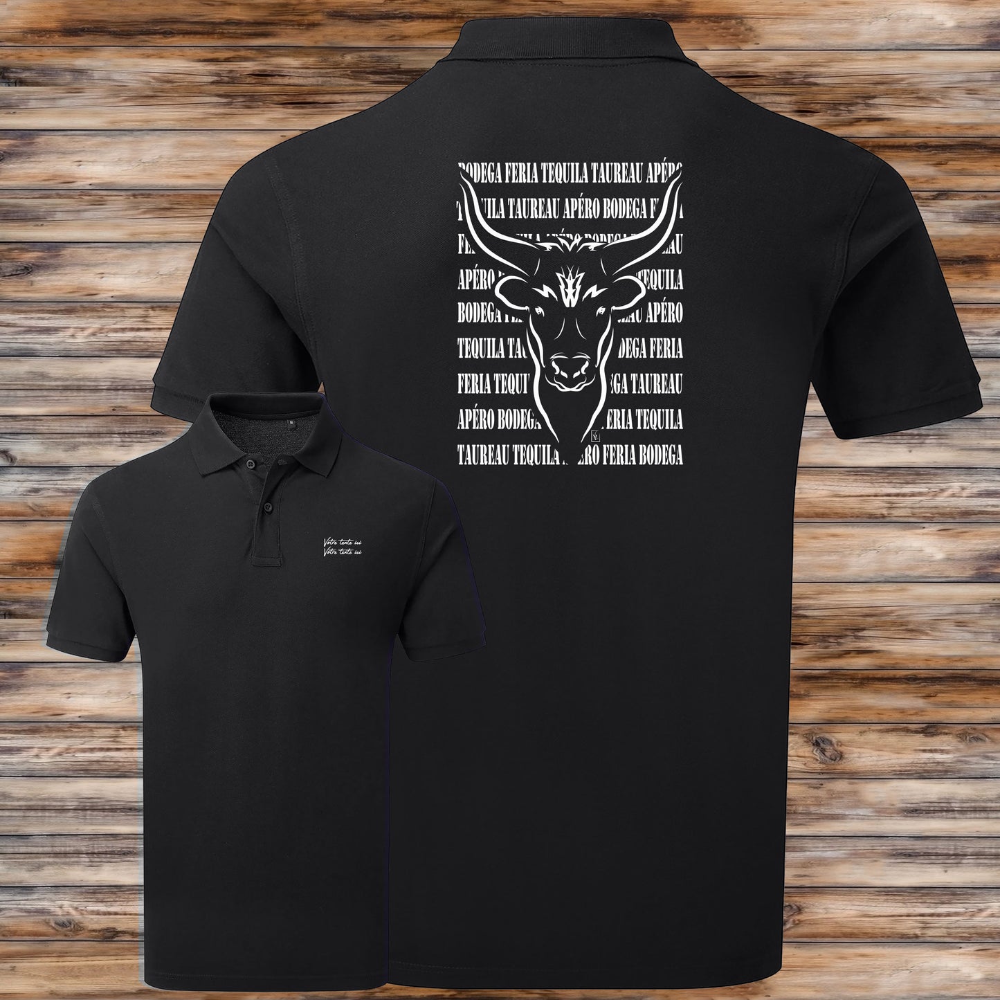 Taureau , course camarguaise , féria, bodega , Camargue, graphisme sur polo noir homme à personnaliser avec du texte. Création Virginie Linard ©.