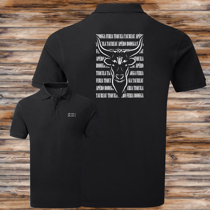 Taureau , course camarguaise , féria, bodega , Camargue, graphisme sur polo noir homme à personnaliser avec du texte. Création Virginie Linard ©.