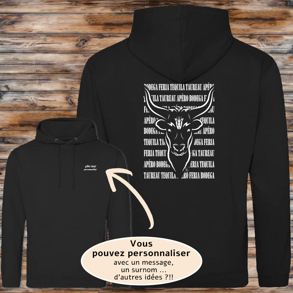 Taureau avec texte Féria, graphisme sur sweat unisexe couleur au choix, à personnaliser avec un texte. Création Virginie Linard ©.