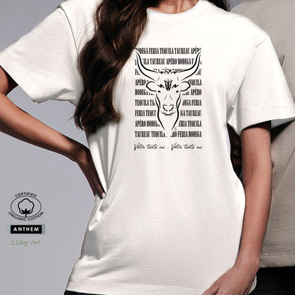 Taureau féria bodega Graphisme sur T-shirt biologique épais 220g blanc à personnaliser avec un texte. Création Virginie Linard ©.