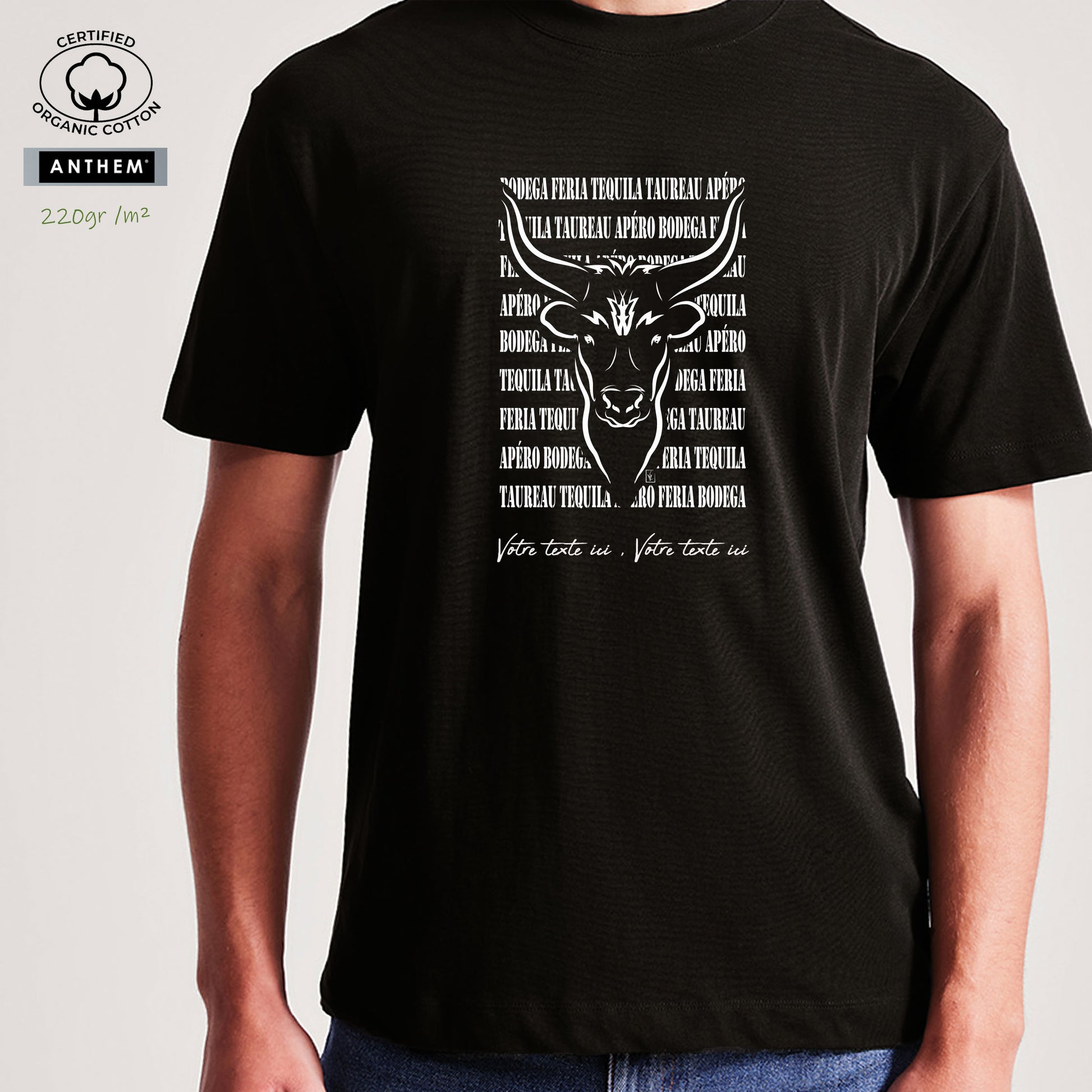 Taureau féria bodega Graphisme sur T-shirt biologique épais 220g noir à personnaliser avec un texte. Création Virginie Linard ©.