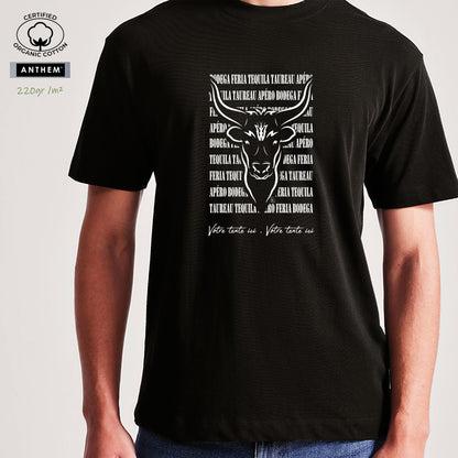 Taureau féria bodega Graphisme sur T-shirt biologique épais 220g noir à personnaliser avec un texte. Création Virginie Linard ©.