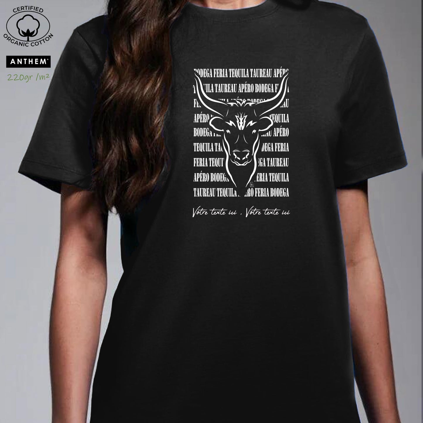 Taureau féria bodega Graphisme sur T-shirt biologique épais 220g noir à personnaliser avec un texte. Création Virginie Linard ©.