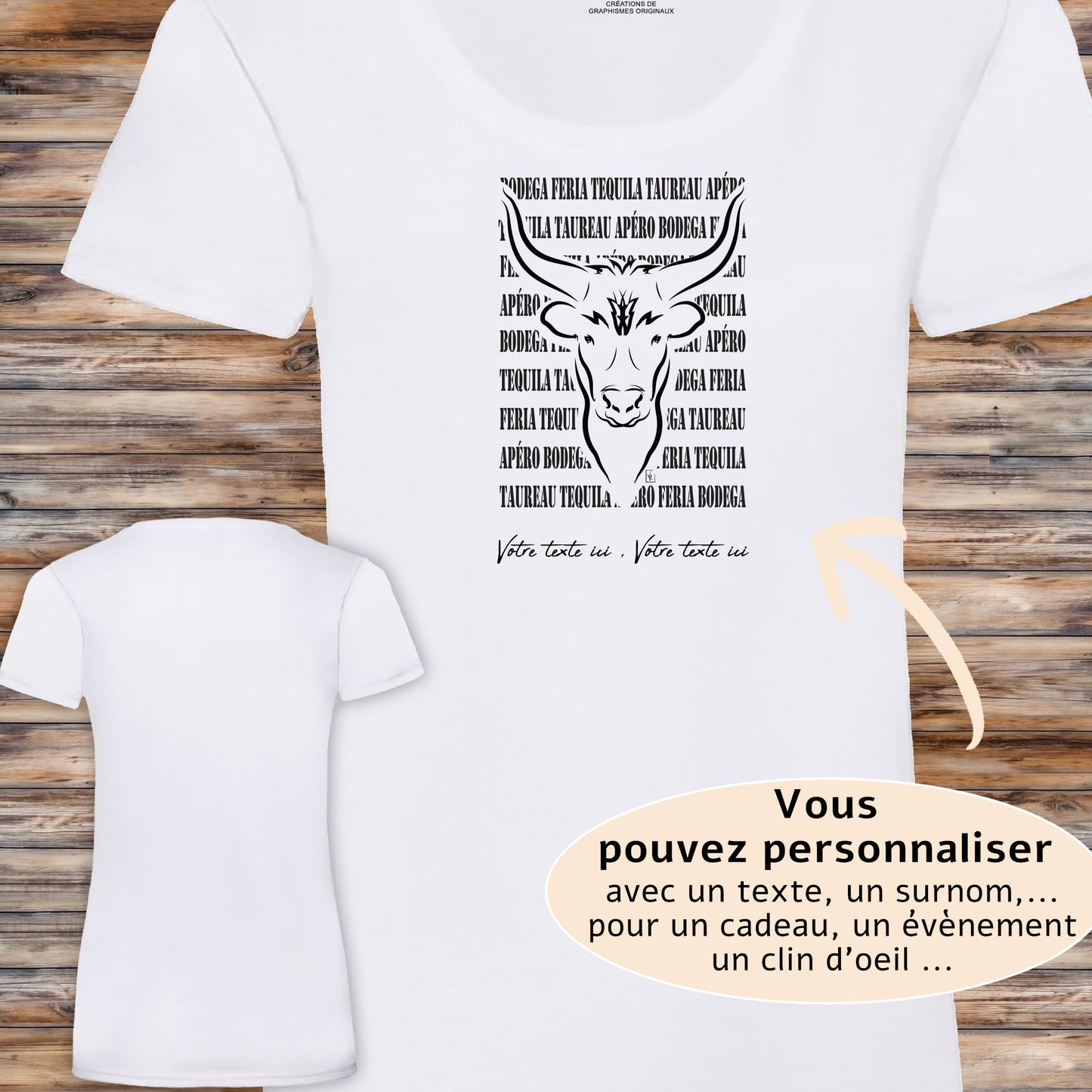 Taureau féria bodega Graphisme sur T-shirt blanc femme à personnaliser avec un texte. Création Virginie Linard ©.