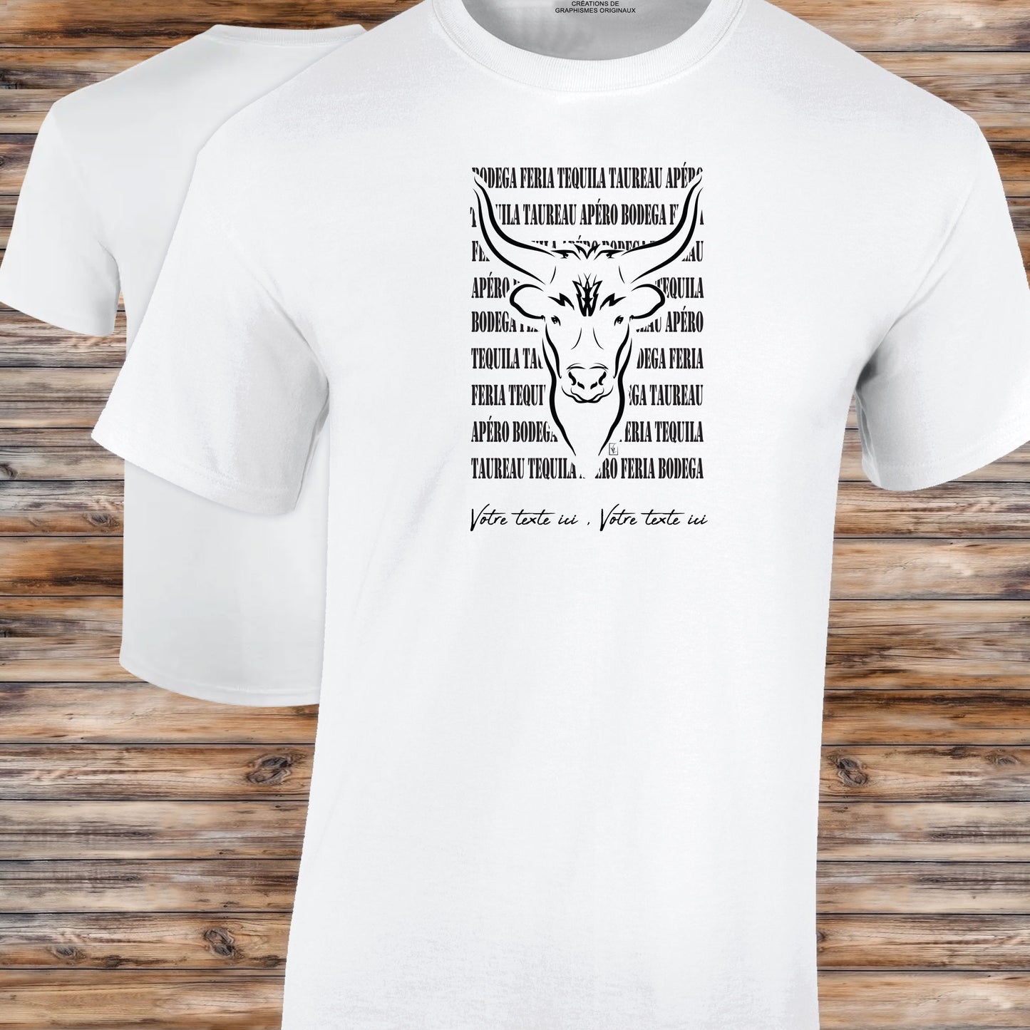 Taureau féria bodega Graphisme sur T-shirt blanc Homme à personnaliser avec un texte. Création Virginie Linard ©.