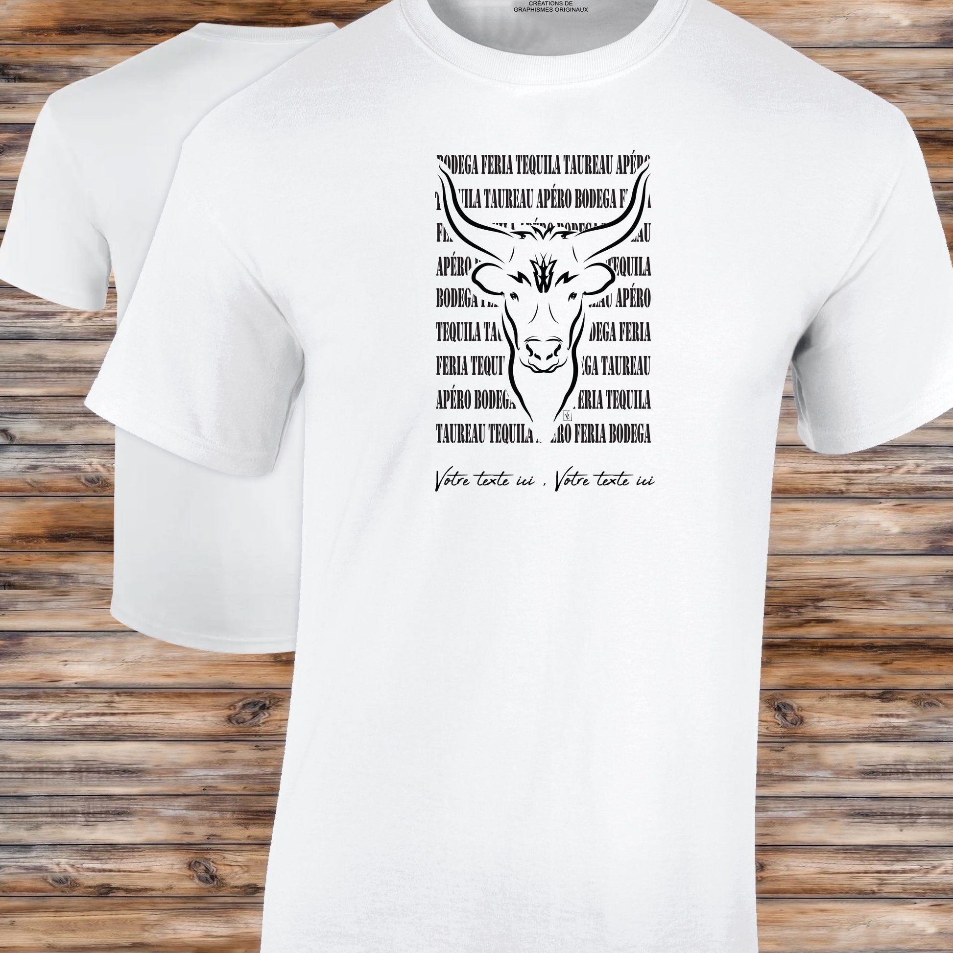 Taureau féria bodega Graphisme sur T-shirt blanc Homme à personnaliser avec un texte. Création Virginie Linard ©.