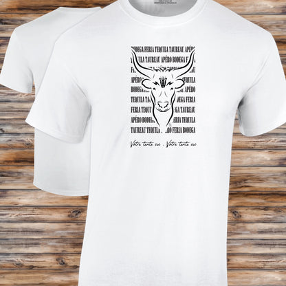 Taureau féria bodega Graphisme sur T-shirt blanc Homme à personnaliser avec un texte. Création Virginie Linard ©.