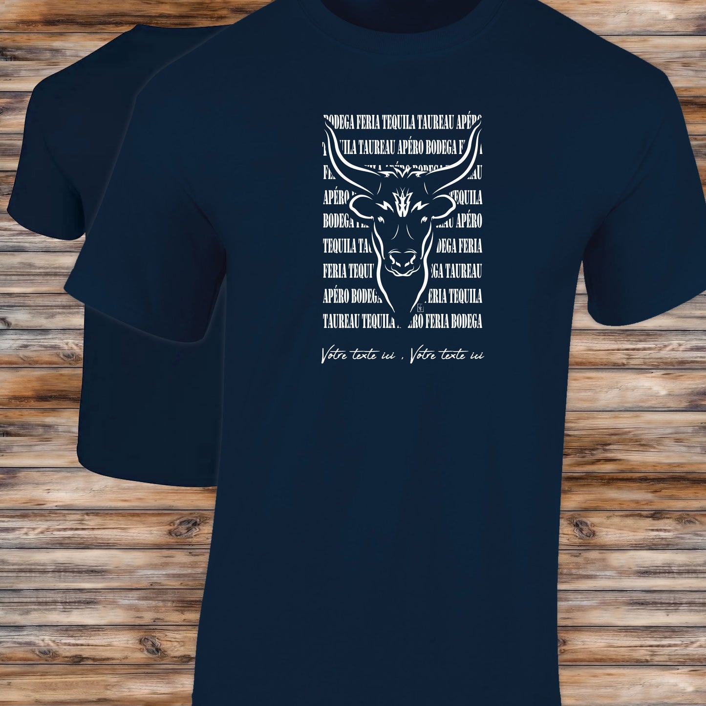 Taureau féria bodega Graphisme sur T-shirt bleu Homme à personnaliser avec un texte. Création Virginie Linard ©.